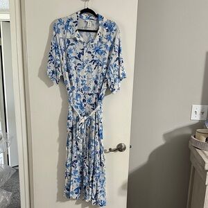 H&M Blue and White Floral Button-Front Midi Dress with Tie Waist